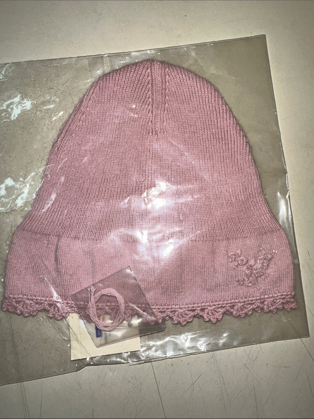 Jacadi Pink Knit Baby Hat with Scalloped Edge